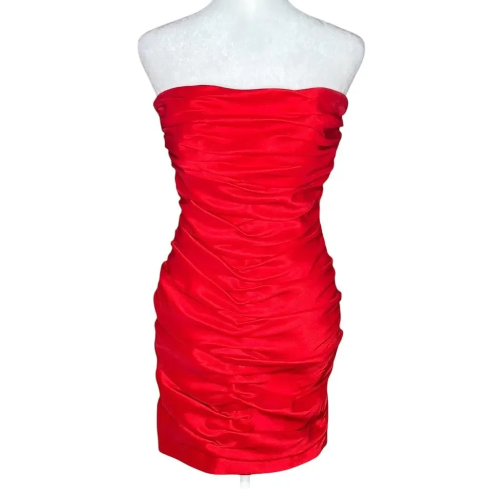 Jessica McClintock Red Satin Ruched Bandage Dress 6 Retro Vamp Party Y2K USA